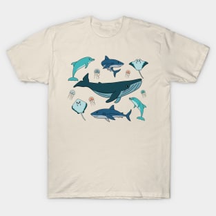 cartoon ocean and sea happy animals. Whale, dolphin, shark, stingray of two types, jellyfish T-Shirt